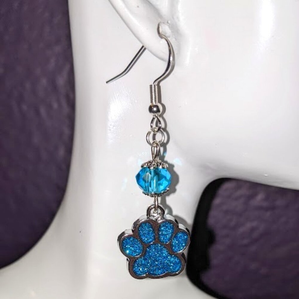 Light Blue Sparkle Paw Print Earrings (Smooth Facet)